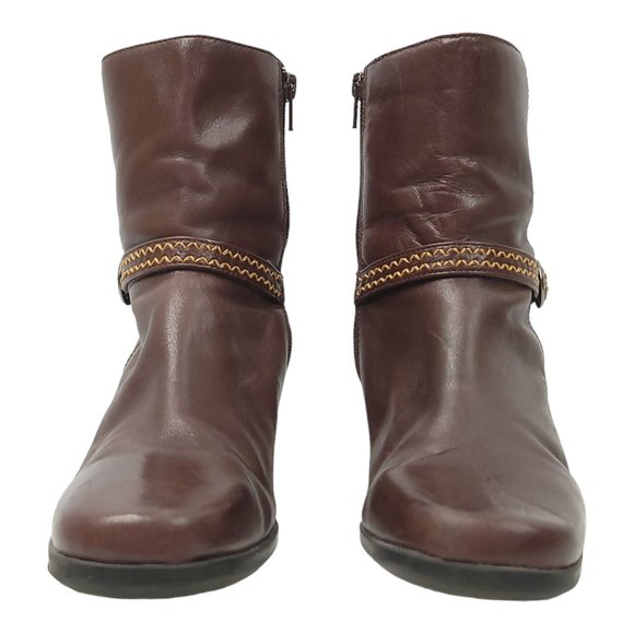 Clarks Leather Buckle Strap Ankle Boots 9 Side Zip Bootie Brown Block Heel 71037 - Picture 4 of 11